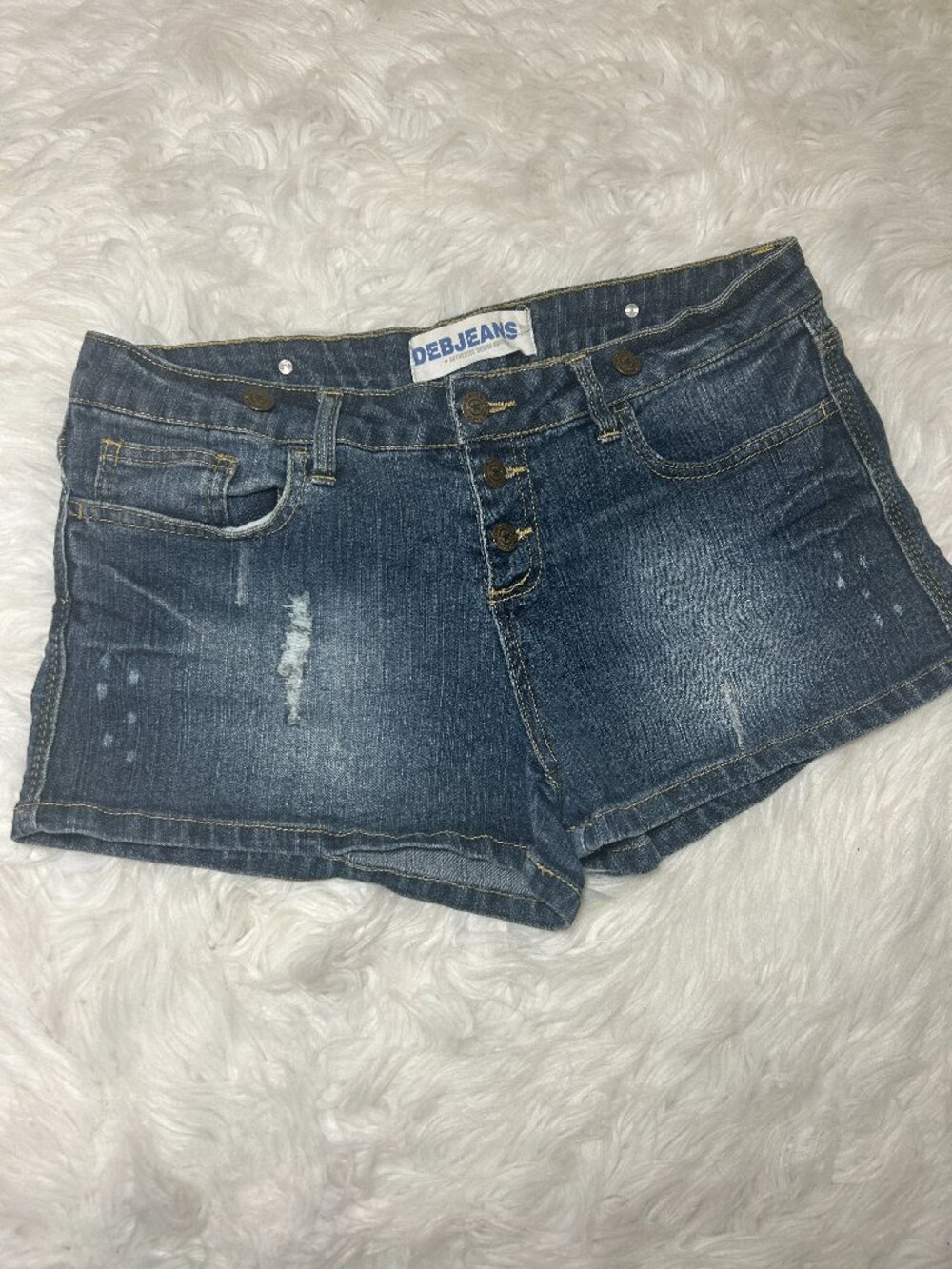 Vintage Y2K Deb size 13 Low Rise Denim Mini Shorts Blue Jean button fly distress